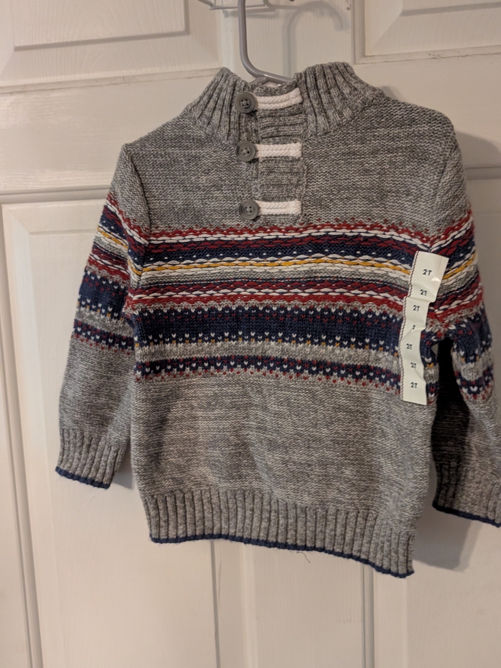 Cat & Jack Grey Knit Sweater with Multicolor Fair Isle Stripes